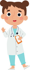 Fototapeta premium Little child wearing a lab coat and stethoscope, waving while holding a medical chart