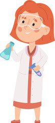 Obraz premium Young scientist wearing lab coat and safety goggles holding beakers with experimental liquid