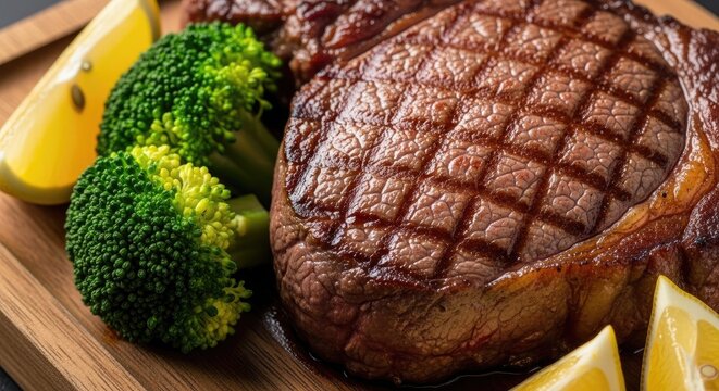 Grilled beef steak with broccoli and lemon slices.