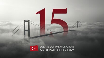 July 15 commemoration national unity day concept with Bosphorus bridge in fog and Turkish flag for patriotic event