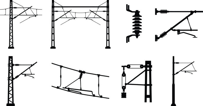 Overhead railway electrification infrastructure, catenary system components, power transmission poles and railway traction equipment shown