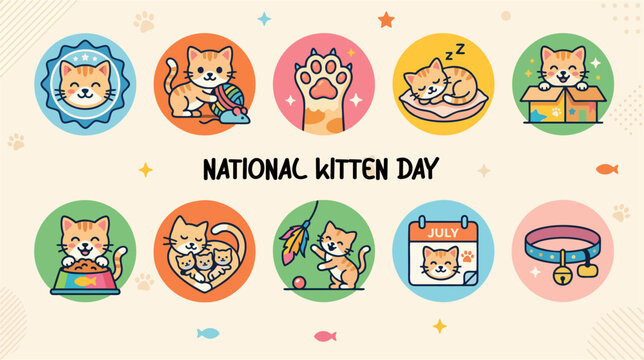 National kitten day circular icons set with cute cats playing yarn sleeping eating calendar collar mother and kittens vector illustration