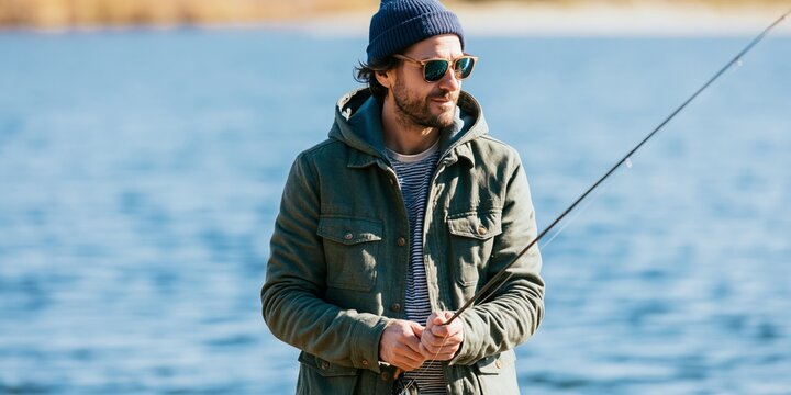 Man fishing outdoors by calm lake