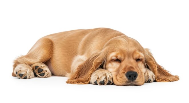 Peaceful sleeping English Cocker Spaniel puppy with golden fur, isolated on white background.
