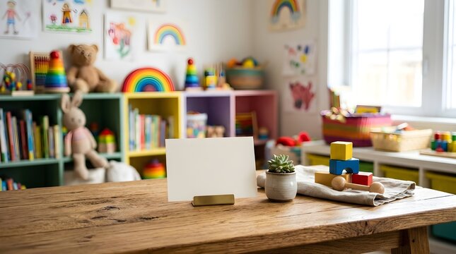 79. natural wooden tabletop, blurred colorful children's playroom, soft daylight, premium product display mockup background, shallow depth of field, photorealistic.