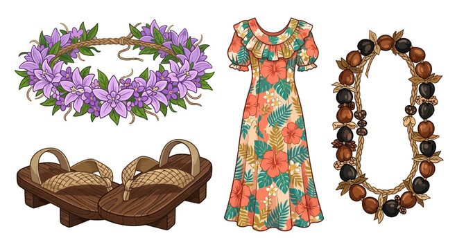 Summer floral dress purple lei and wooden sandals accessory set