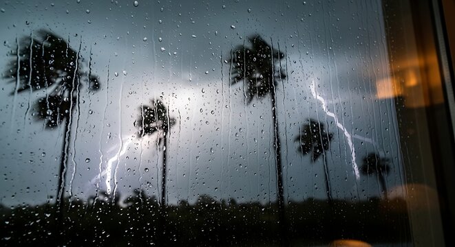 Dramatic Lightning Strike During Rainstorm with Palm Trees Silhouette.