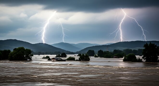 Dramatic Lightning Strike Over Flooded River Landscape.