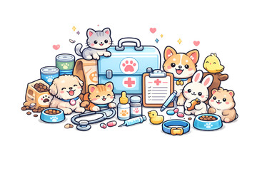 Fototapeta premium cute vet clinic, veterinary clinic, happy animals, kawaii pet hospital, adorable veterinarian, cartoon animal clinic, cute pet care, smiling dog, happy cat, friendly veterinarian, animal healthcare, v