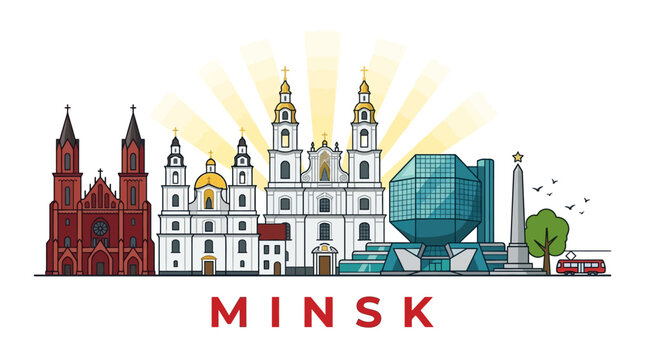 Colorful vector illustration of minsk city landmarks and buildings