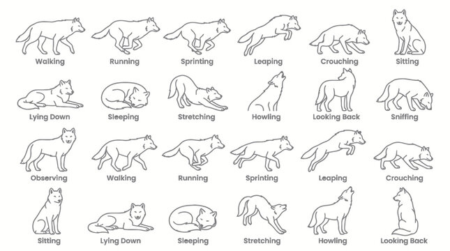 Wolf behavior and movement line art pose sheet