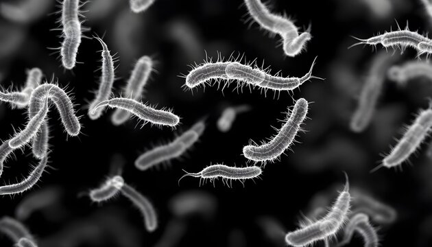 Microscopic view of elongated flagellated bacteria cells moving under black and white light for medical research illustration.