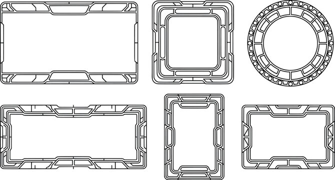 Set of futuristic scifi frames and borders, geometric tech style design elements transparent background