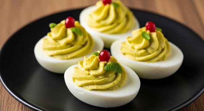 Deviled Eggs with Creamy Filling Garnished with Cherries.