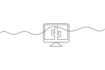 Obraz premium Computer monitor screen with cactus continuous one line drawing minimalist desktop display outline vector illustration