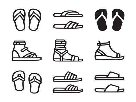 Collection of Sandals and Flip Flops Icons in Solid Black Silhouette Style
