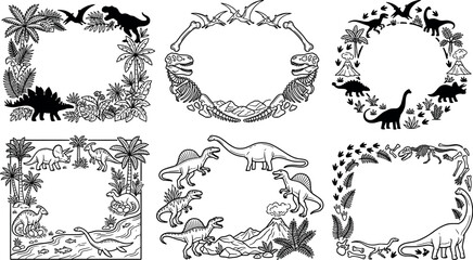 Set of detailed dinosaur and jungle themed frames and borders transparent background © SampaRani