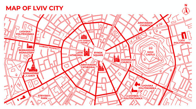 Lviv City Map, Ukraine - Red Schematic Design with Landmarks and Streets