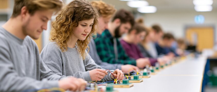 Students working on electronics projects in classroom