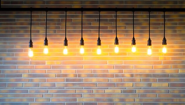 Multiple Edison light bulbs hanging from ceiling against brick wall, warm light.
