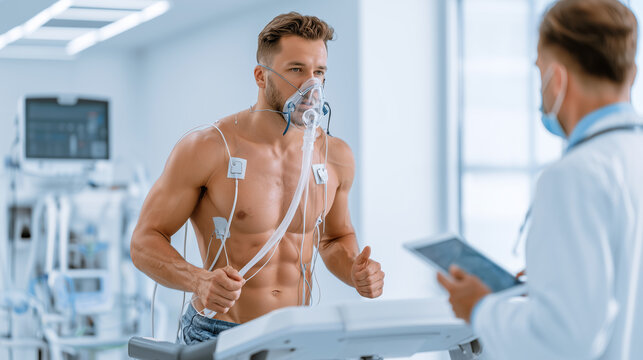 Athlete performing VO2 max fitness test with respiratory mask during sports performance laboratory assessment