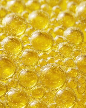 Golden bubbles floating macro shot showing surface tension and spherical shapes for science or beauty concepts