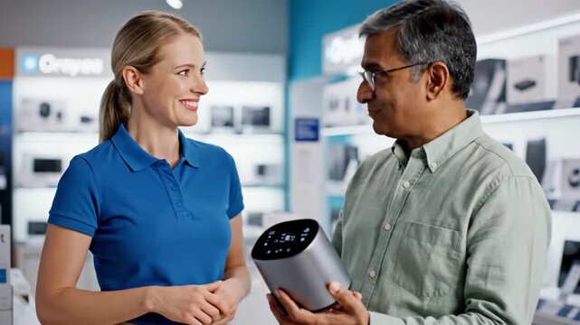 White sales assistant demonstrates smart speaker to asian customer in bright electronics store, handson walkthrough of voice control, setup, and features, friendly consultation amid showroom shelves