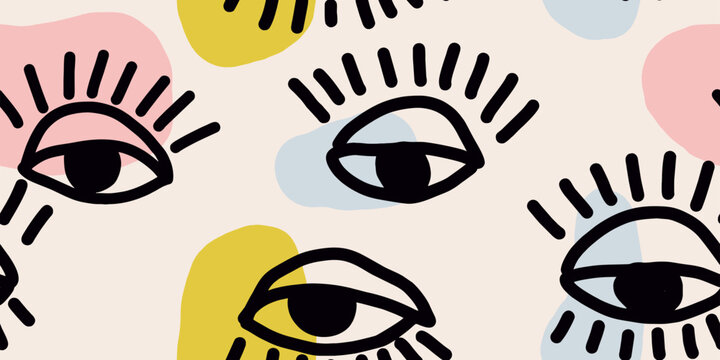 Hand-Drawn Multicolor Eyes and Abstract Shapes Pattern Background