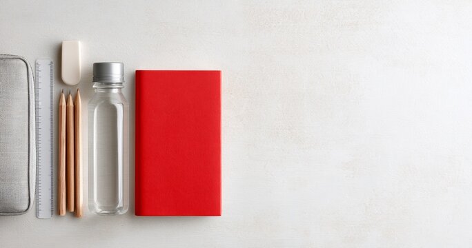 Minimalist stationery and water bottle layout