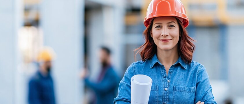 Female construction worker with blueprint