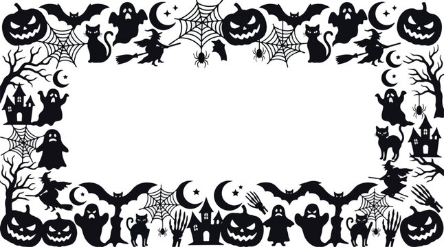 Halloween themed border frame with spooky silhouettes of ghosts bats and pumpkins