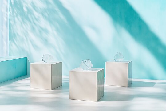 Three pale concrete cubes on a white surface with clear ice chunks and dappled shadows.