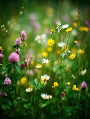 Fototapeta premium Meadow of Wildflowers in Bloom Close Up View Daisies Clover Dandelions in Lush Green Field Summer Day