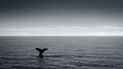 Naklejka premium モノクロの海に浮かぶクジラの尾びれ 静寂な海景風景