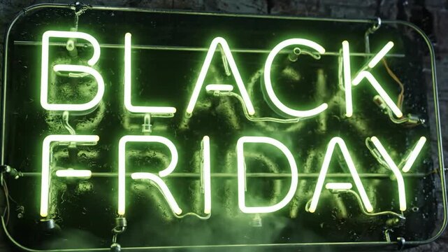 Bright green neon Black Friday sign on dark wet brick wall