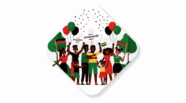 Juneteenth Celebration: Diverse group with flags, balloons, and confetti
