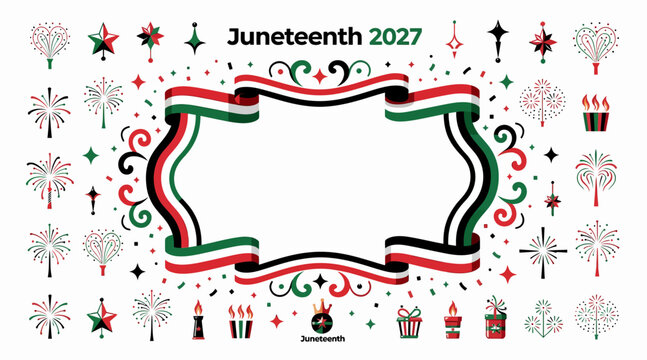 Juneteenth Celebration Frame with Stars, Fireworks, Candles, and Flags