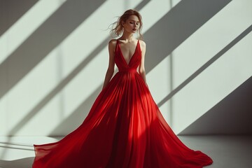 Fototapeta premium A woman in a red dress is standing in front of a white wall. Generative Ai
