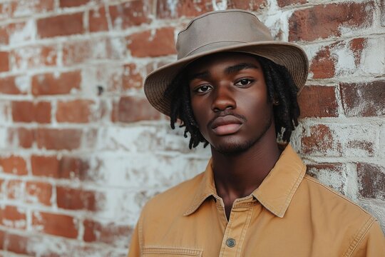 A man wearing a hat and a yellow shirt stands in front of a brick wall. Generative Ai