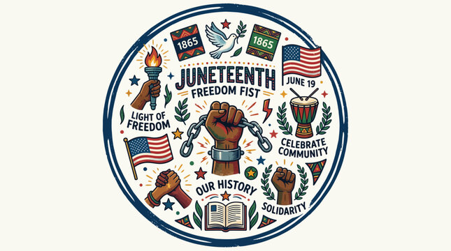 Juneteenth Celebration Graphic: Freedom Fist, Torch, Flags, Dove, Drum, Book