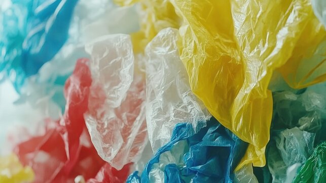 Colorful plastic bags piled high, wrinkled and crinkled