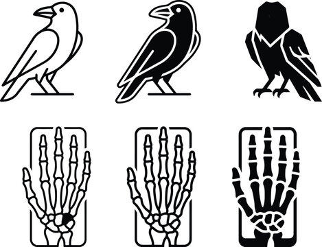 black and white illustrations of birds and skeleton hands
