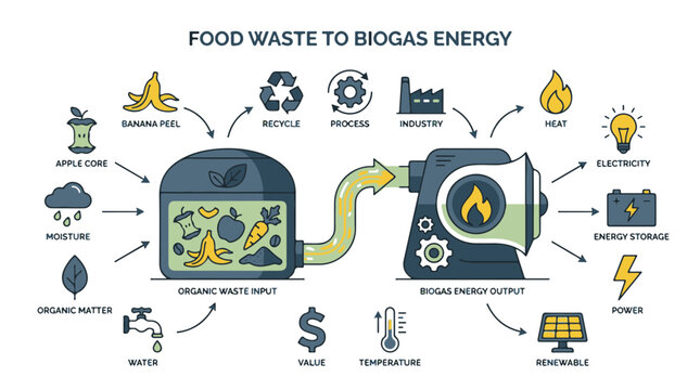 Food Waste to Biogas Energy Infographic Process Flowchart with Icons and Workflow