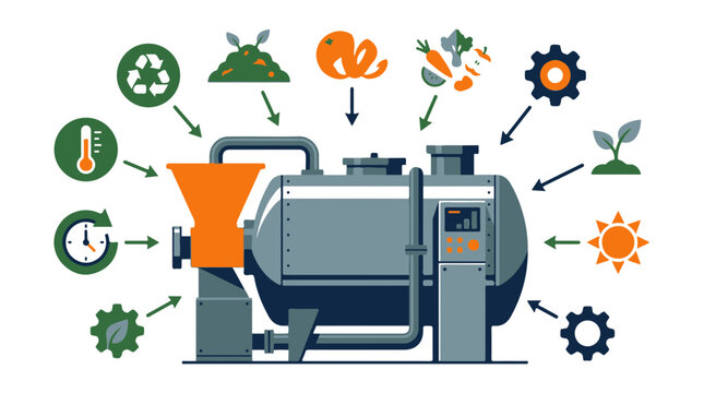 Industrial Composting Machine Infographic with Environmental Icons and Process Flow