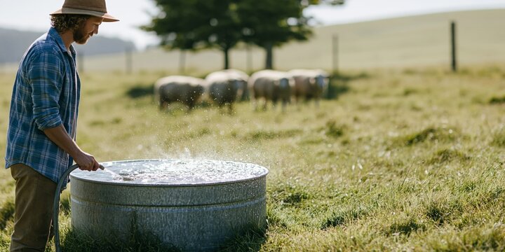Farmer watering livestock trough in pasture