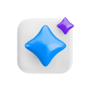 Vector cartoon 3d sparkling stars artificial intelligence button. Cute realistic 3d render shiny AI sparkle icon on white square badge. Smart assistant icon, generate chat bot sign for app, web