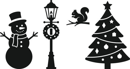 Obraz premium Black silhouette of a snowman, lamppost with wreath, squirrel on branch, and christmas tree scarf gas lamp