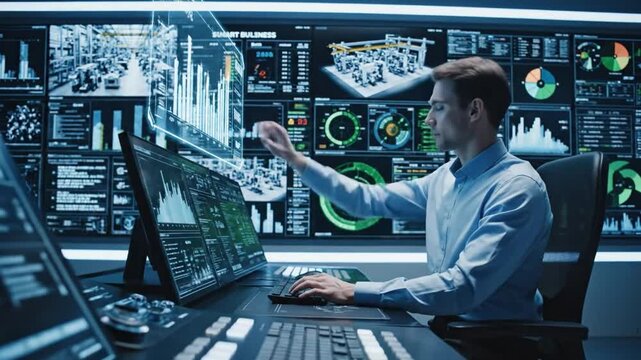 Operations center analyst analyzing realtime dashboards and visual metrics across wall of monitors, server racks, layered charts, performance gauges and predictive models in hightech control room
