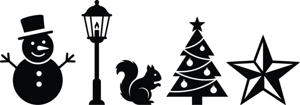 Black silhouette of a snowman, lamppost, squirrel, christmas tree, and star on a white background winter