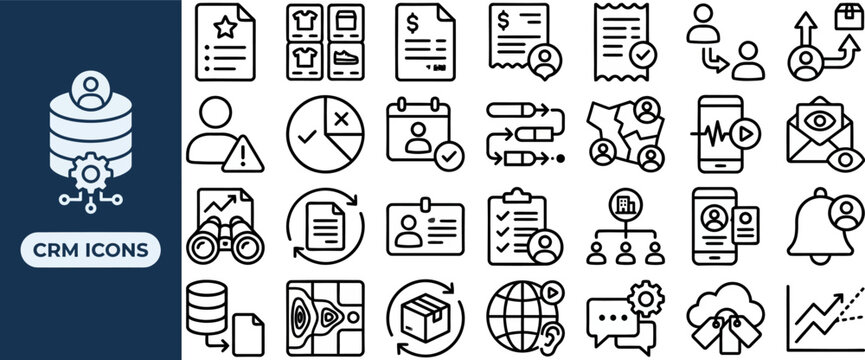Customer Relationship Management outline icon set. Featuring database, profile, checklist, headset, and chart symbols. Editable stroke vector icons for CRM software and client service dashboard.